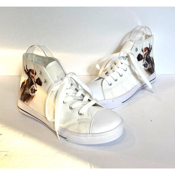 Cow Lovers High Top Sneakers Womens White Canvas With Cow Print Size 7 - Picture 4 of 11